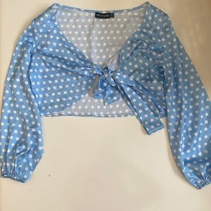 Pale Blue White Polka Dot Satin Tie Up Shirt